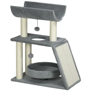 PawHut Cat Tree for Indoor Cats with Scratching Posts Pad, Kitten Tower with Bed Perch Ball Toy, 60 x 30 x 76 cm